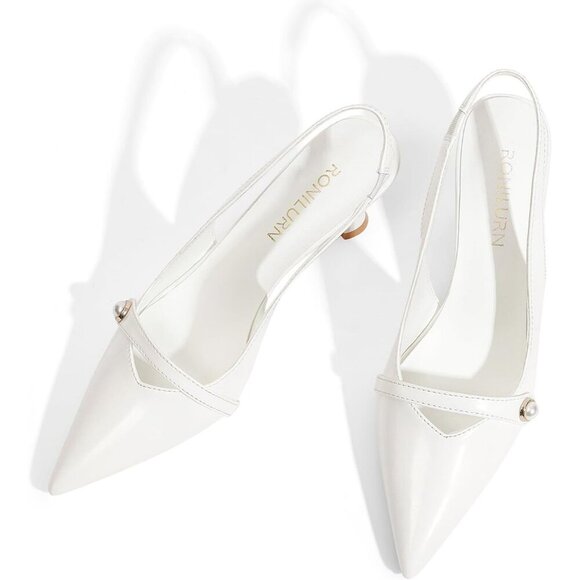 🆕 Women White Polyurethane Kitten Heels Slingback Pearl Pumps - Picture 2 of 8